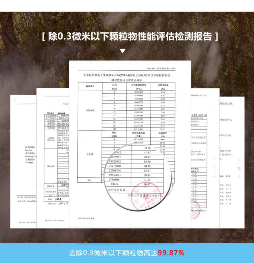 小粒徑負(fù)離子阻斷病毒傳播途徑和殺滅病毒的檢測(cè)報(bào)告，其去除0.3微米顆粒，殺滅病毒效率高達(dá)99.87%